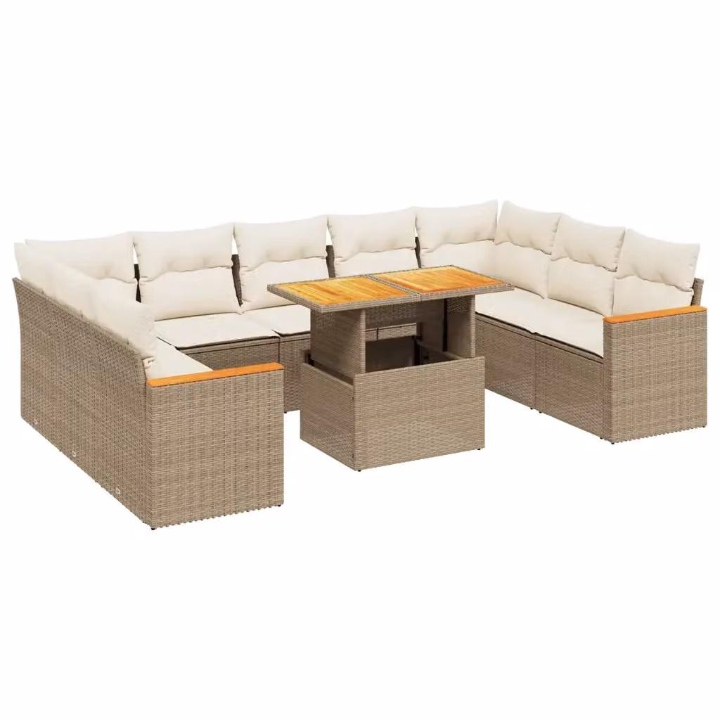 Set Divano da Giardino vidaXL 10 pz in Polyrattan con Cuscini Beige e Tavolino da Esterno – 2