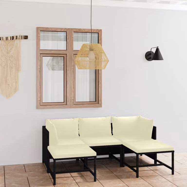The Living Store Set da giardino 5 pezzi con cuscini in poly rattan nero