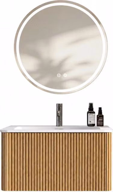 Mobile sottolavabo moderno con specchio LED e funzione anti-appannamento, colore rovere, in MDF e vetro – 1