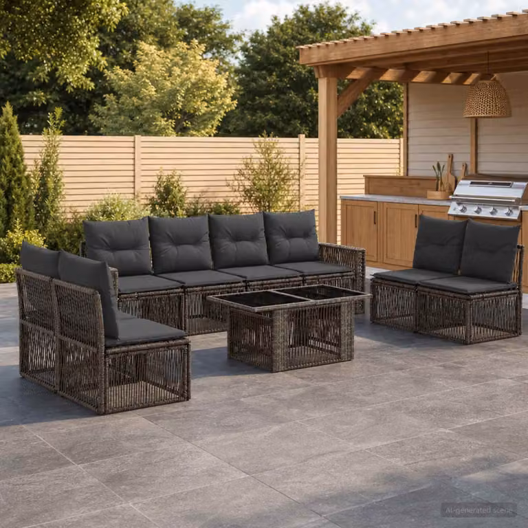 Set Divano da Giardino vidaXL 9 pz in Polyrattan Grigio e Antracite con Cuscini e Tavolino da Esterno