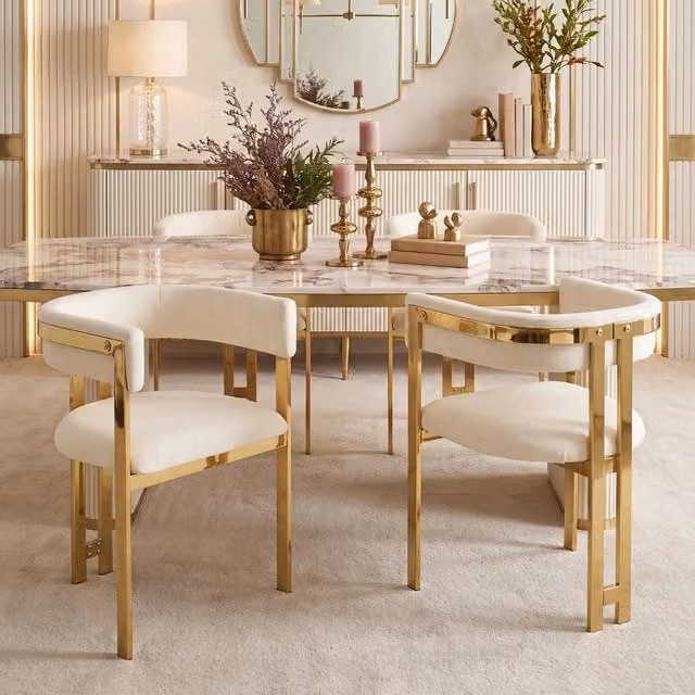 Set 4 sedie da pranzo ¨C Minimal ¨C Beige, tessuto chenille, gambe metallo oro, stile moderno