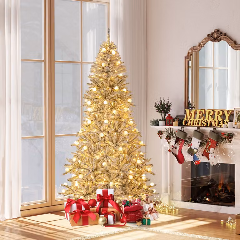 Albero di Natale artificiale innevato Costway Argento con 350 luci LED bianche calde e 65 sfere luminose, Altezza: 210 cm