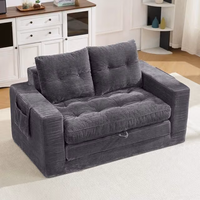 Divano letto a due posti WISHDOR in velluto a coste grigio scuro con funzione click-clack, tasche laterali e portabicchiere