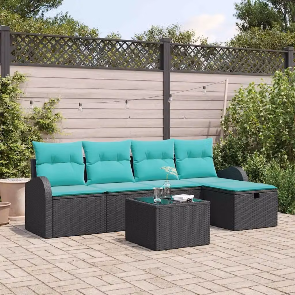 Set Divano da Giardino L-Shape vidaXL a 6 posti con Tavolino e Pouf, Colore Nero e Turchese con Cuscini e Struttura in Acciaio Verniciato a Polvere