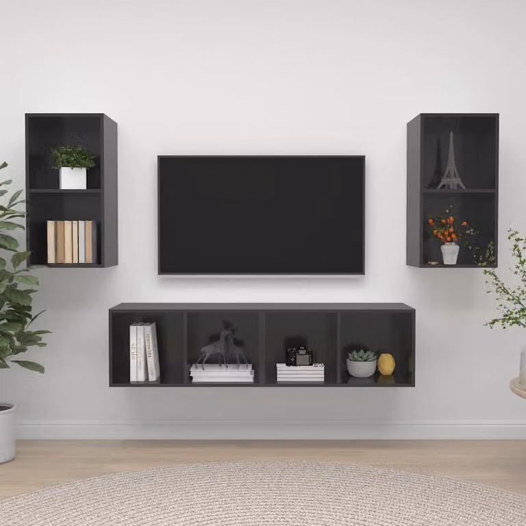 Mobile TV a parete vidaXL in legno MDF Grigio Lucido con scomparti multimediali