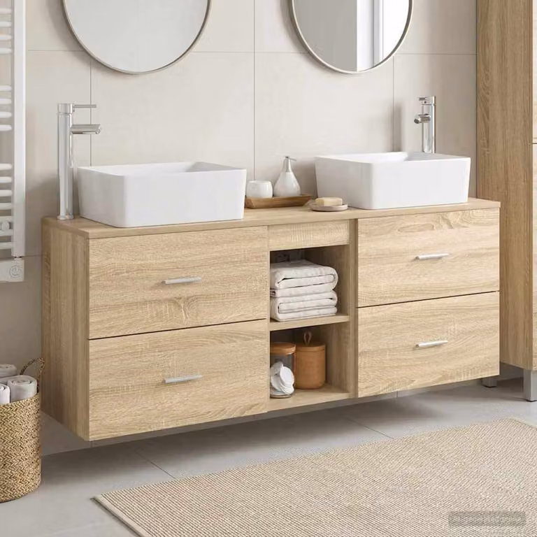 Set di armadi da bagno moderni vidaXL in 3 pezzi colore marrone con vanità e pensili a muro L/P/H: 136 x 35 x 80 cm