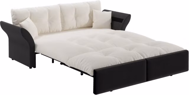 Divano Letto Queen-Size 3 in 1 Estraibile in Velluto Beige e Bianco 190 cm con 2 Cuscini Morbidi