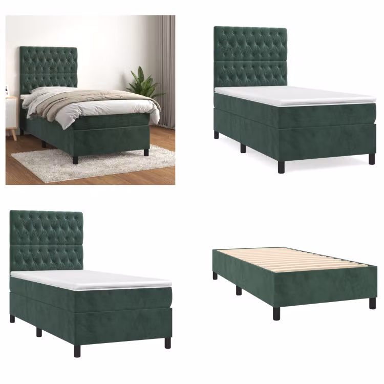 vidaXL Letto a molle con materasso verde scuro 100x200 cm in velluto - Letto a molle - Boxspringbetten - Bett - Schlafzimmermöbel