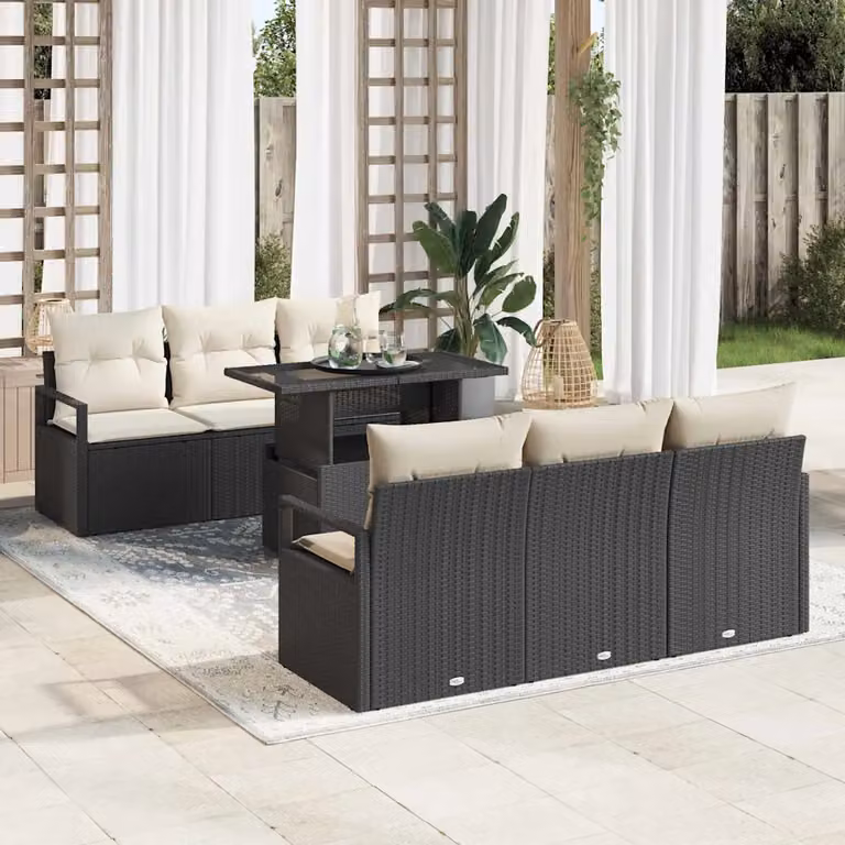 Set Divano da Giardino vidaXL 7 Pezzi a Forma di L con Tavolino e Cuscini Nero e Beige