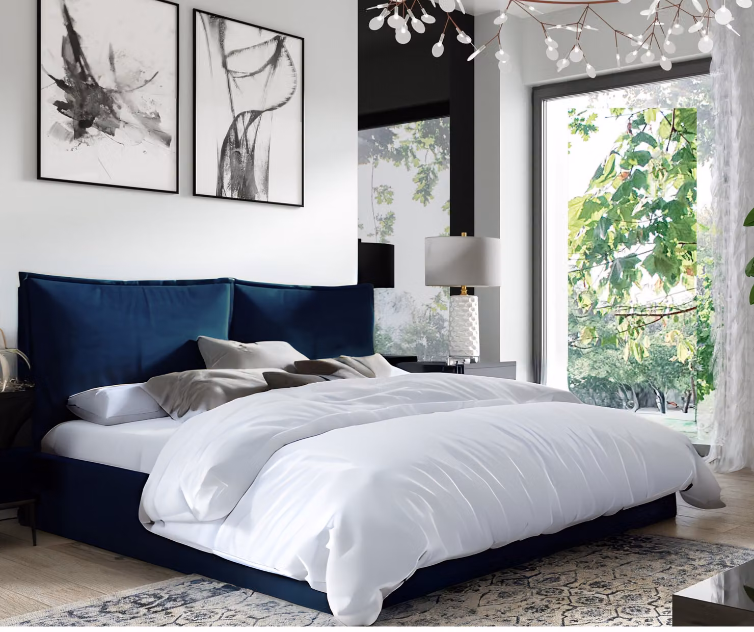 Letto imbottito GUTTO GLAMMY 140x200 rete a doghe in metallo tessuto velluto blu Velvett con rete e contenitore