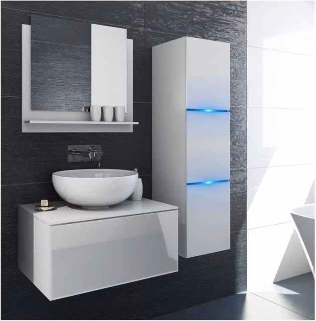Set mobili da bagno bianco collezione OWL. Colonna, mobile sottolavabo, specchio, sifone e led