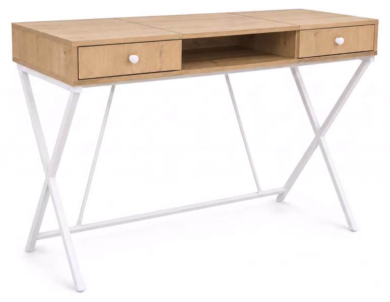 Scrivania PC industriale Rovere Artisan CROSSLINE 120 cm 2 cassetti 1 ripiano gambe bianche