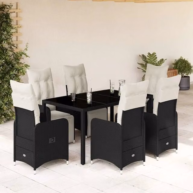 Set da Bistrò da Giardino 7 pz con Cuscini Nero in Polyrattan 3277138