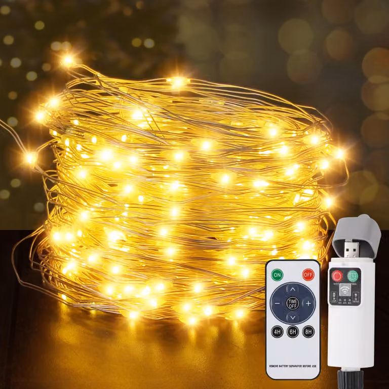 Catena luminosa a LED, 20 metri, 200 LED, luce bianco caldo, alimentazione a batteria, con timer