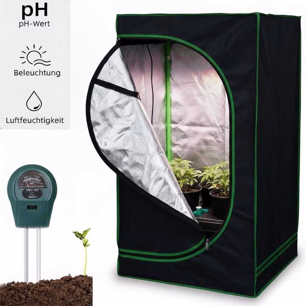 Serra Mucola incl. misuratore di umidità 3 in 1 per piante Tenda per piante da interno Growbox Tenda per piante da interno Camera oscura Telaio freddo Nero Verde - 40x40x120cm