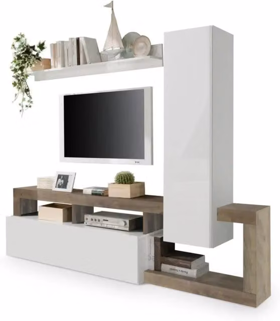 Set arredo salotto con contenitori 220 cm, collezione BURA, bianco lucido/quercia chiara