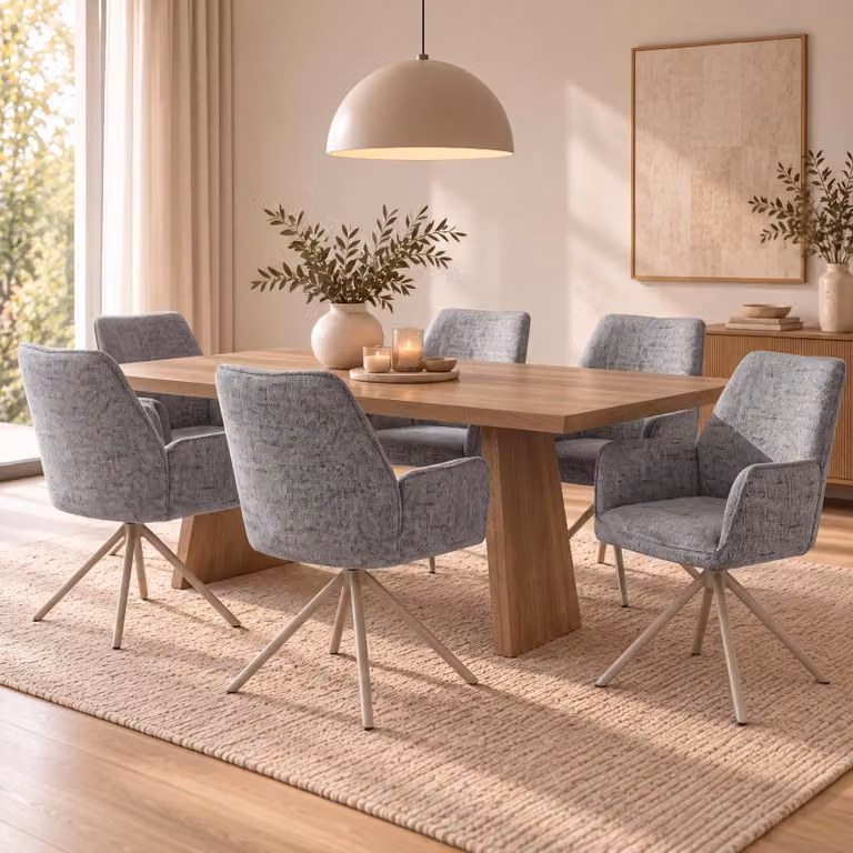 Set di 6 sedie da pranzo modello HWC-G67, girevoli, con meccanismo di auto-regolazione, rivestite in tessuto chenille (410g/m²), struttura color crema, tessuto color grigio chiaro