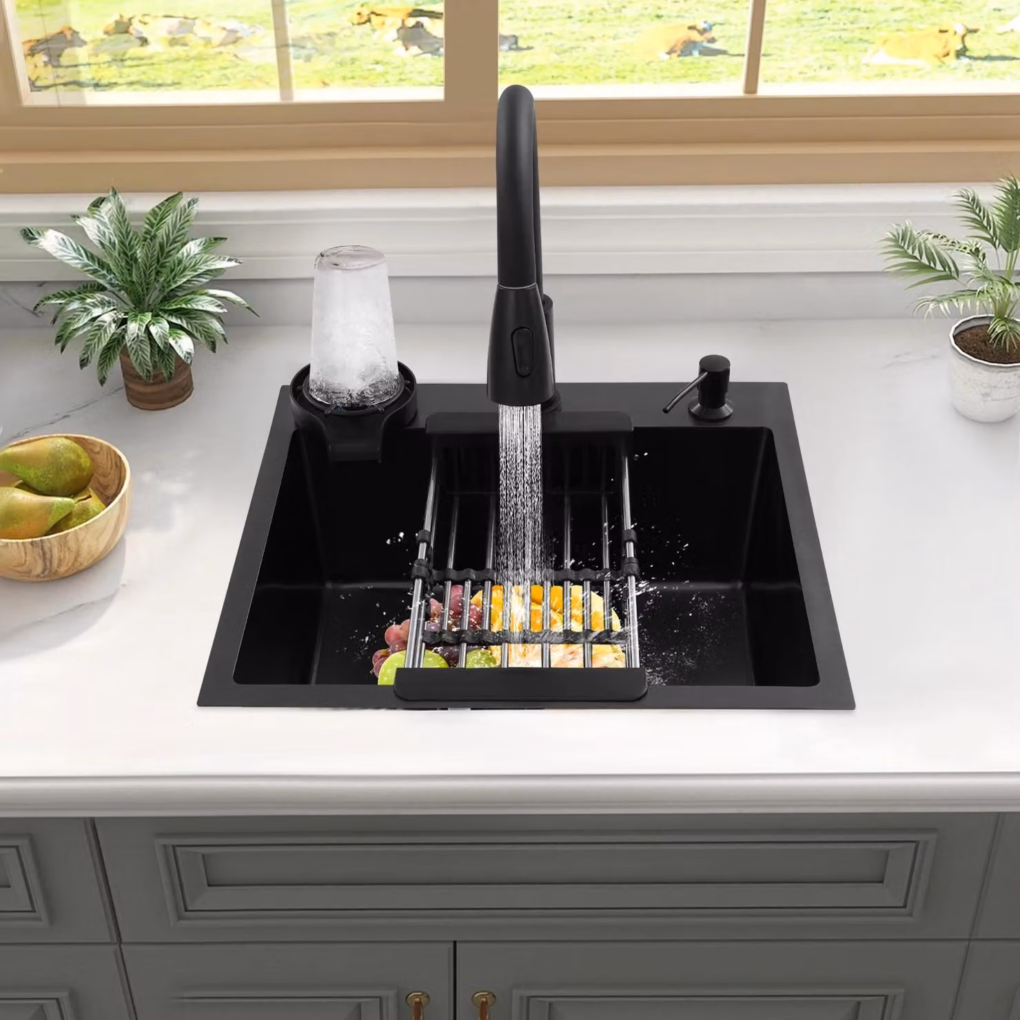 Set per lavello da cucina - Lavello da incasso 50 x 45 cm - Vasca singola in acciaio inossidabile - Con miscelatore estraibile - Colore nero