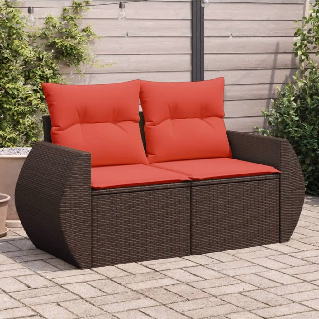 vidaXL Divano da giardino a 2 posti in polyrattan marrone con cuscini imbottiti e coperture rimovibili L: 142 cm, P: 69 cm, H: 62 cm