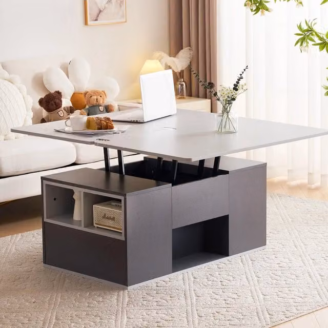 Tavolino basso sollevabile OKWISH 2 in 1 con 2 cassetti e vani aperti per soggiorno, grigio, L: 100 cm, P: 51 cm, H: 47 cm