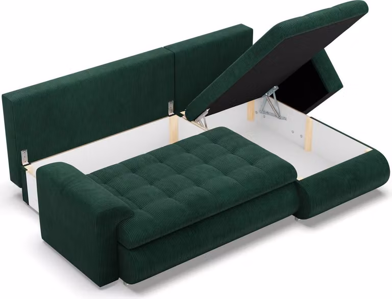 Divano angolare destro con funzione letto FORESTA, divano con box letto 230x159cm, velluto a coste - verde scuro