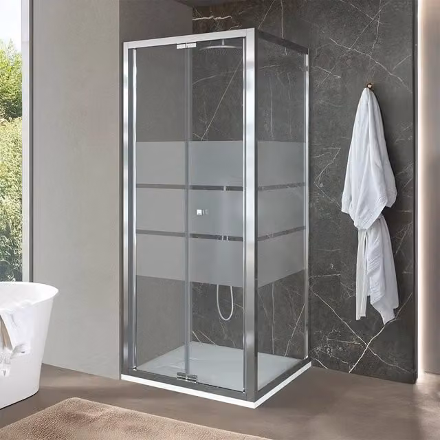 Box doccia d'angolo Ted con porta a soffietto serigrafata, trasparente e argento, H 200 cm x L 70 cm x P 90 cm