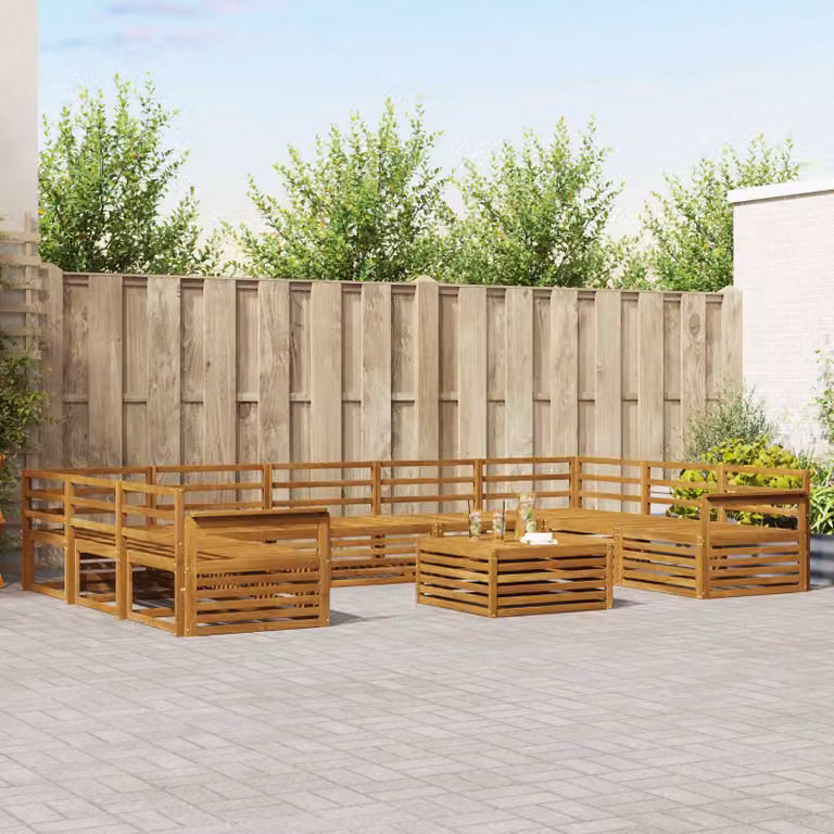 Set di divani da esterno vidaXL in legno di acacia marrone con cuscini e tavolino da caffè, composizione a L per giardino e terrazza, 10 pezzi