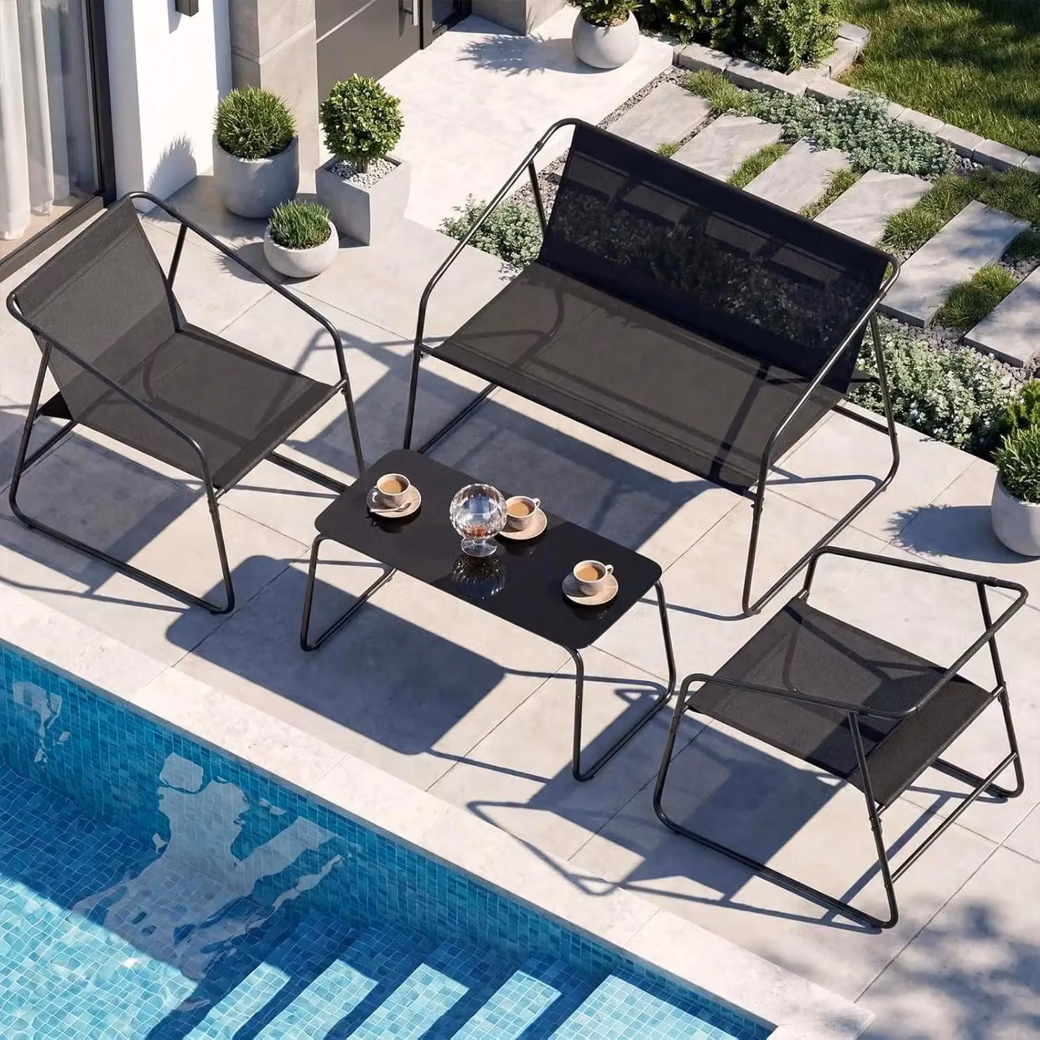 Set di mobili da giardino composto da 4 pezzi: set di mobili per balcone, per 4 persone, composto da 2 sedie, 1 panca e 1 tavolo. Realizzato in tessuto Textilene con struttura in metallo, pieghevole, resistente agli agenti atmosferici, colore nero