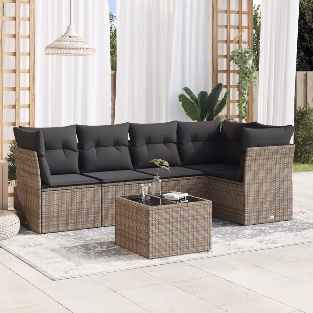 vidaXL Set Divano da Giardino 6 pz a L con Cuscini Grigio in Polyrattan e Tavolino da Caffè