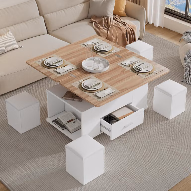 Tavolino okwish con 4 sgabelli, regolabile in altezza, tavolino mobile, tavolino da salotto con cassetti, tavolino multifunzionale 4 in 1, per cucina o salotto, bianco+naturale