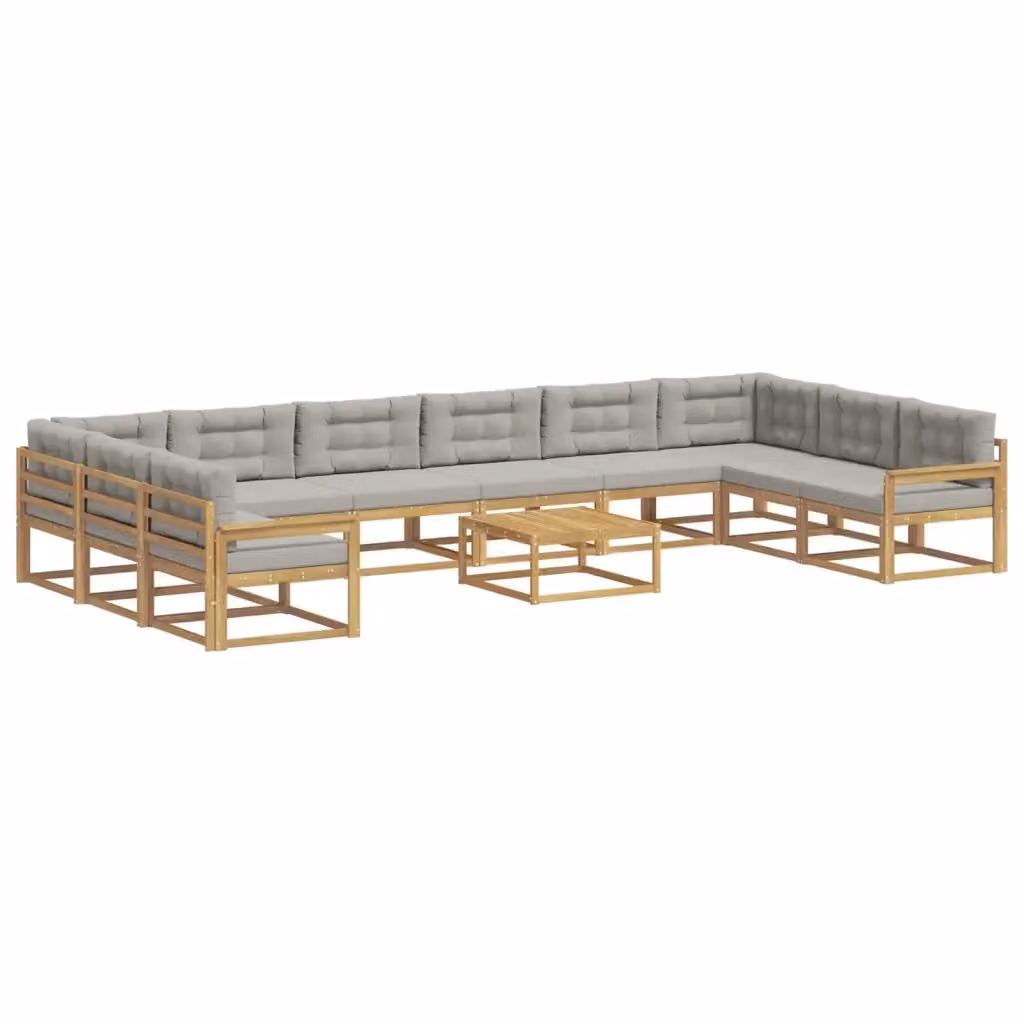 Set di divani da esterno a L vidaXL in legno di acacia con cuscini, Bianco, Grigio e Marrone – 2