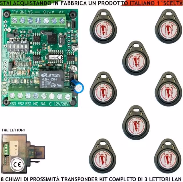 Kit Chiave di Prossimità Securvera con 8 Chiavi TAG e 3 Lettori su Modulo LAN Universale 501/503 RJ45, Alimentazione 12/24V, Relè Scambio 2A 24V con Funzione Impulsiva o Stabile e 4 LED di Stato, Multicolore