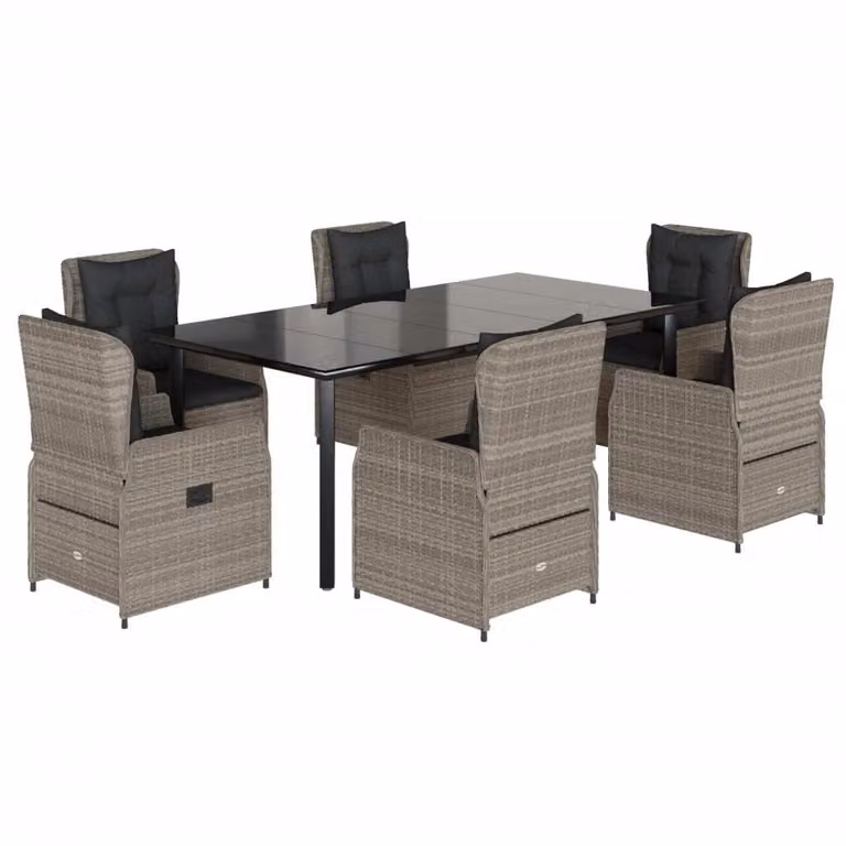 Set da Pranzo da Giardino 7 pz Cuscini Polyrattan Grigio Chiaro
