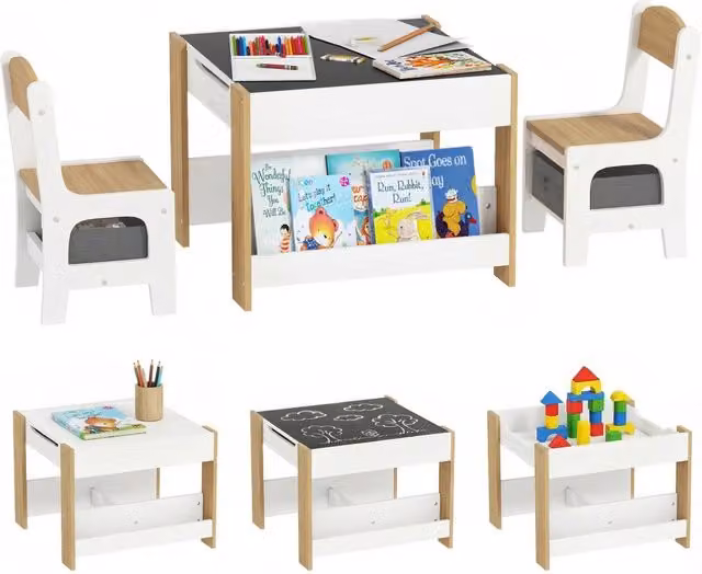 Set tavolo e 2 sedie per bambini XYLO con lavagna reversibile, scaffale e cestino portagiochi, bianco e marrone
