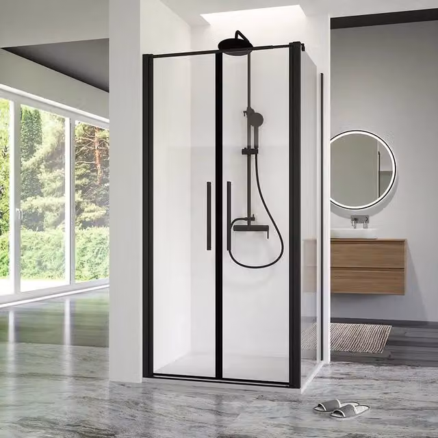 Box doccia 70x90cm con apertura saloon e parete fissa, profili nero opaco e vetro da 6mm trasparente h195 | Elba