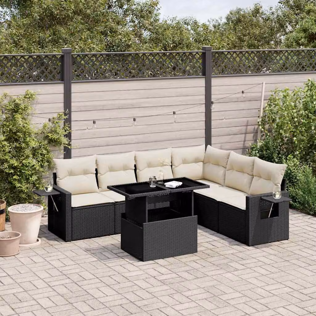 Set Divani da Giardino a L vidaXL in Polyrattan Nero con 7 Cuscini e Tavolino da Esterno – 1