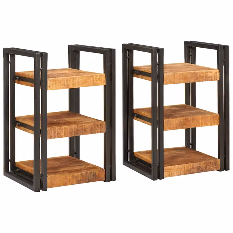 Set di 2 comodini vidaXL in legno di mango e metallo, stile rustico, marrone e nero, L 38 cm x P 33 cm x H 58 cm