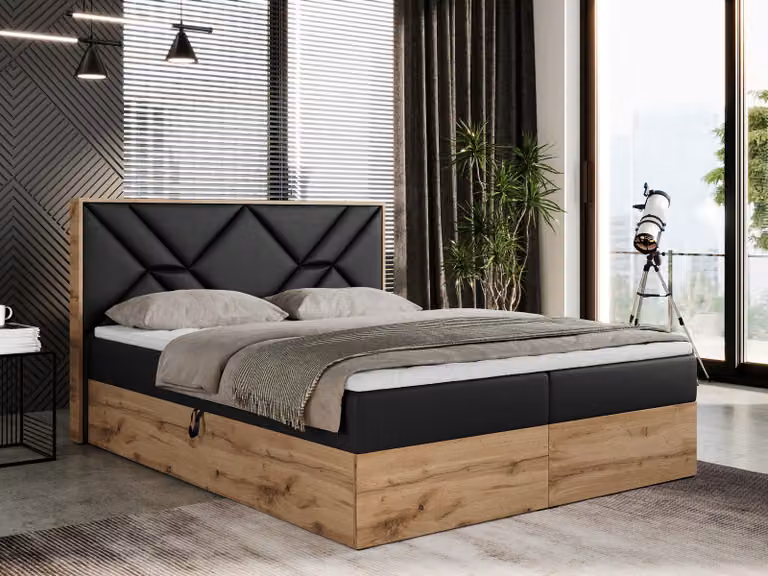 Letto boxspring 140x200 con contenitore, letto imbottito 140x200 con materasso H4, letto boxspring 140x200 con testiera, letto boxspring in legno massello - Gunar - Ecopelle nera - H4