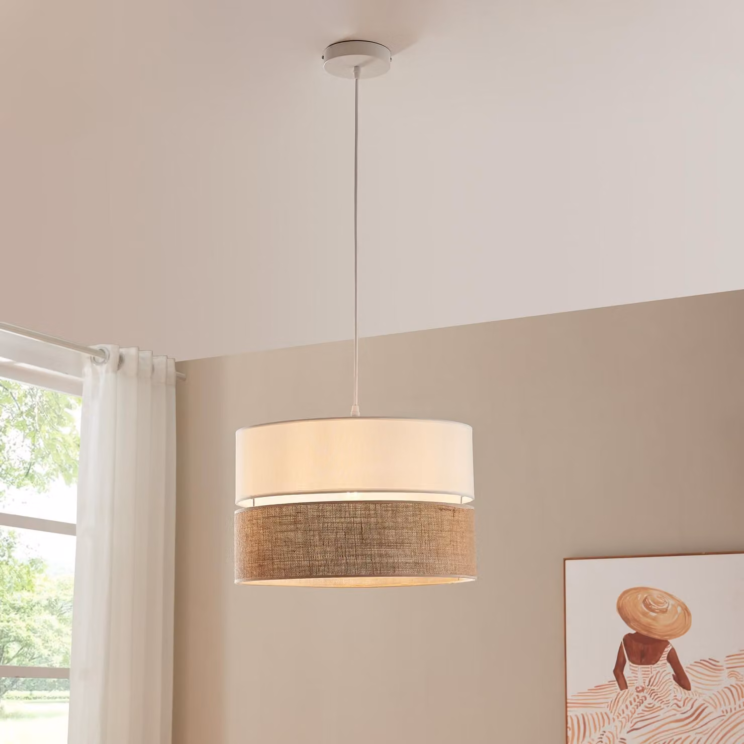 Lampada a sospensione 'Barton' con doppio paralume in tessuto bianco / lino
