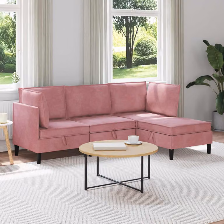 Set di mobili per il soggiorno vidaXL in velluto rosa con pouf coordinato, design moderno a L con lato sinistro