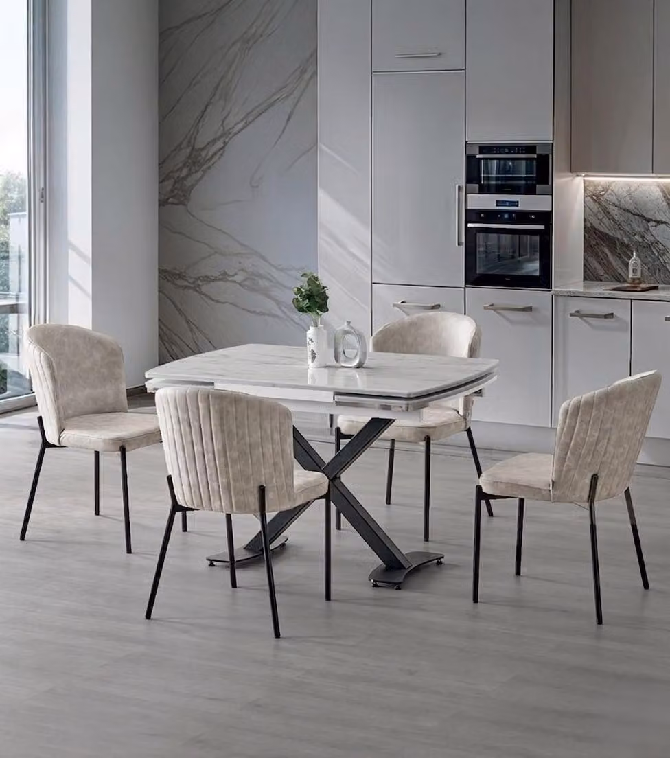 Set per sala da pranzo: tavolo da pranzo, 4 sedie, design moderno, marmo beige, allungabile