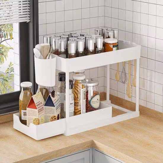 Organizzatore sottolavello per la cucina - Mobiletto estraibile a 2 ripiani - Con portabicchieri e ganci - Sistema di stoccaggio versatile - Adatto per bagno e cucina - Salvaspazio - Bianco
