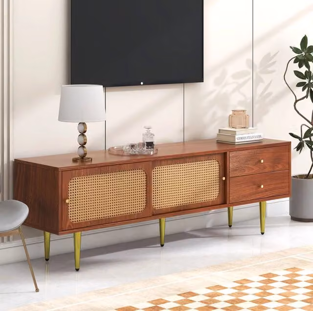 Mobile TV in MDF noce con ante scorrevoli in rattan sintetico e 2 cassetti, 160x40x60 cm