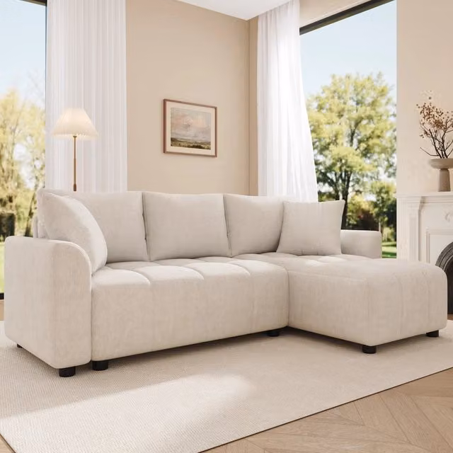 Divano 3 posti convertibile a L; tessuto in ciniglia; con 2 cuscini decorativi; design moderno; beige; per soggiorno e appartamento