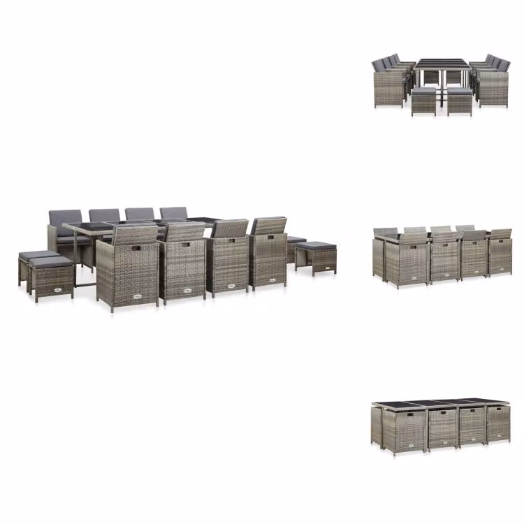 vidaXL set da pranzo da giardino 13 pezzi con cuscini in poly rattan grigio - Set di mobili da giardino