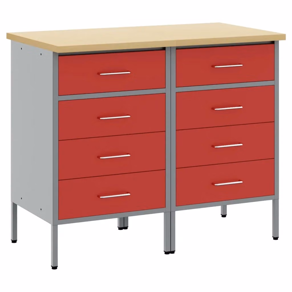 Set di 2 mobili da lavoro vidaXL in acciaio e legno, Rosso e Grigio, L 100 x P 55 x H 85 cm – 2