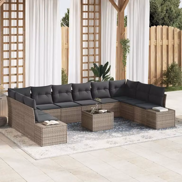 Set Divano da Giardino vidaXL a Forma di L in Polyrattan Grigio con 11 Pezzi e Cuscini