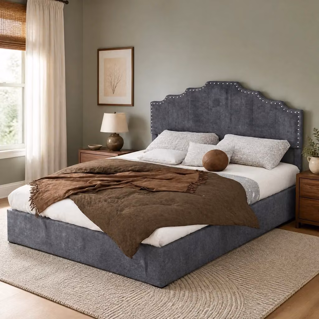 Letto Mivray con testiera geometrica in velluto grigio e rete a doghe inclusa L/P/H: 140 x 200 cm – 2