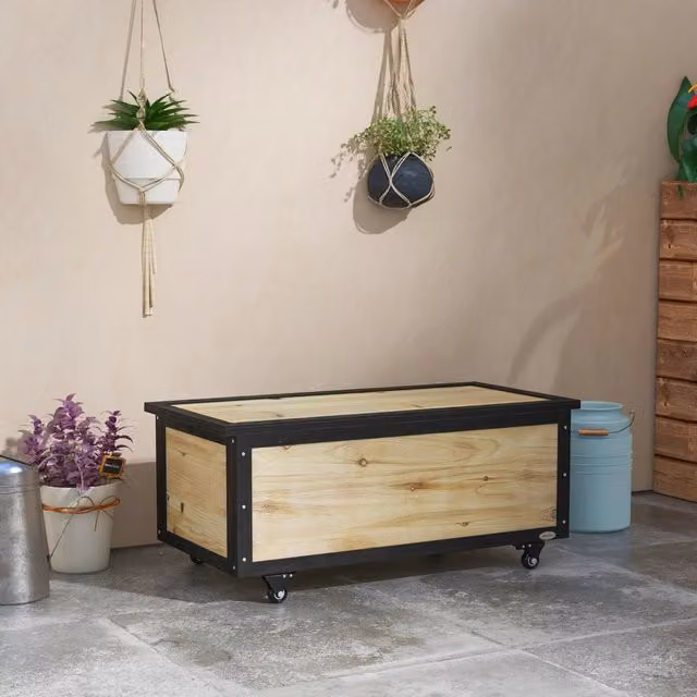 Cassa contenitore da esterno in legno di abete naturale marrone con ruote e cerniere metalliche L 100 cm x P 50 cm x H 43 cm – 1