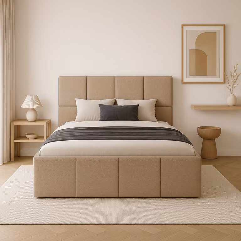 Letto imbottito 160x200 Letto in tessuto beige Boucle con griglia in metallo e contenitore